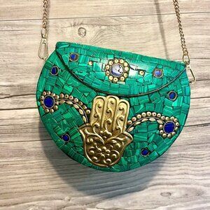 NWOT, RAMLA Clutch Moroccan Purse Mosaic turquoise green Hamsa Hand. Boho Chic